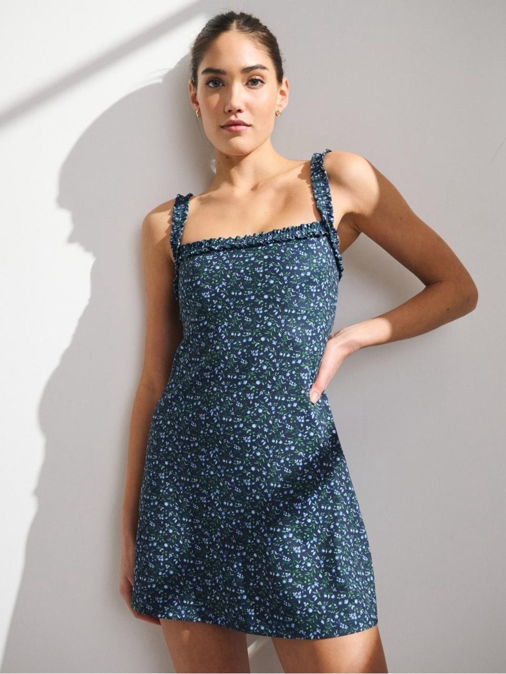Abercrombie & Fitch Navy Floral Ruffle-Trim Mini Dress